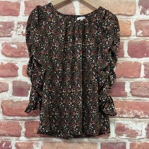 Max Studio Top Women's Medium Black Multicolor Ditsy Floral Ruched Sleeve Shirt